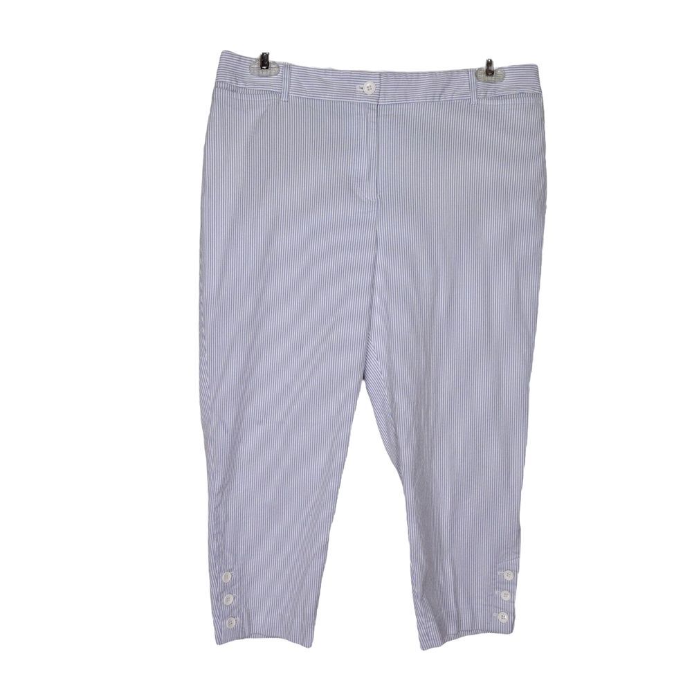 Talbots PERFECT CROP Pants Womens 14 Petite Seersucker Cotton Stretch Blue White